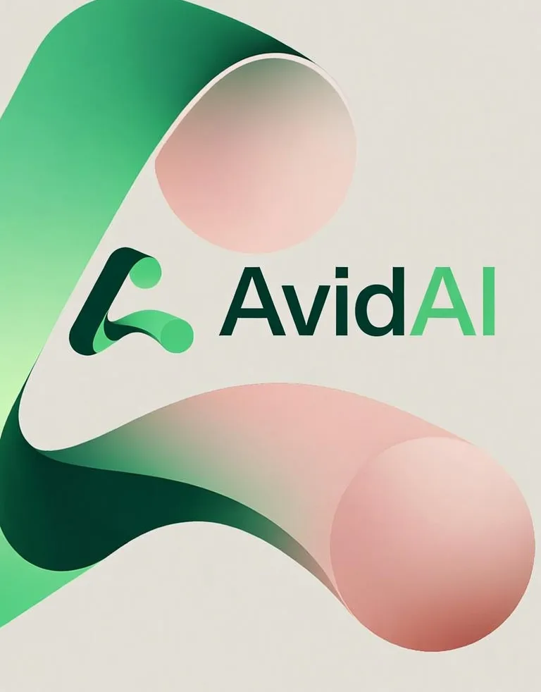 پوستر AvidAI؛ نوار سبز و کرههای صورتی، نشان و نام AvidAI